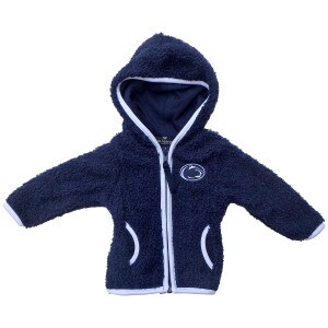 navy infant fleece jacket with stitched Penn State Athletic Logo on left chest and white trim